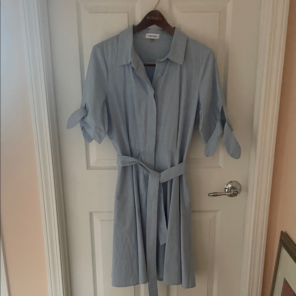 Calvin Klein Pale Blue Button-Front Shirt Dress with Waist Tie